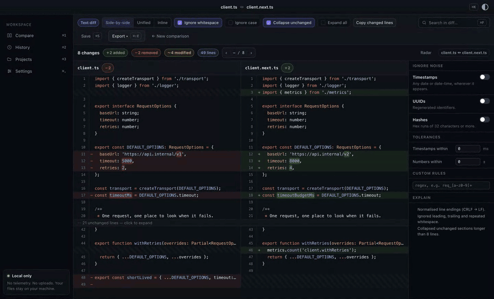 A text comparison cycling through side-by-side, unified and inline