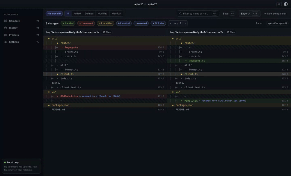 A folder comparison filtered to modified files, then drilling into one file pair and back