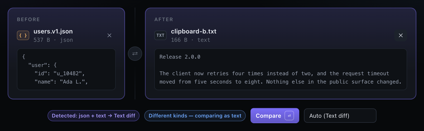 The detection bar showing two different kinds and the chip explaining that the pair is being compared as text