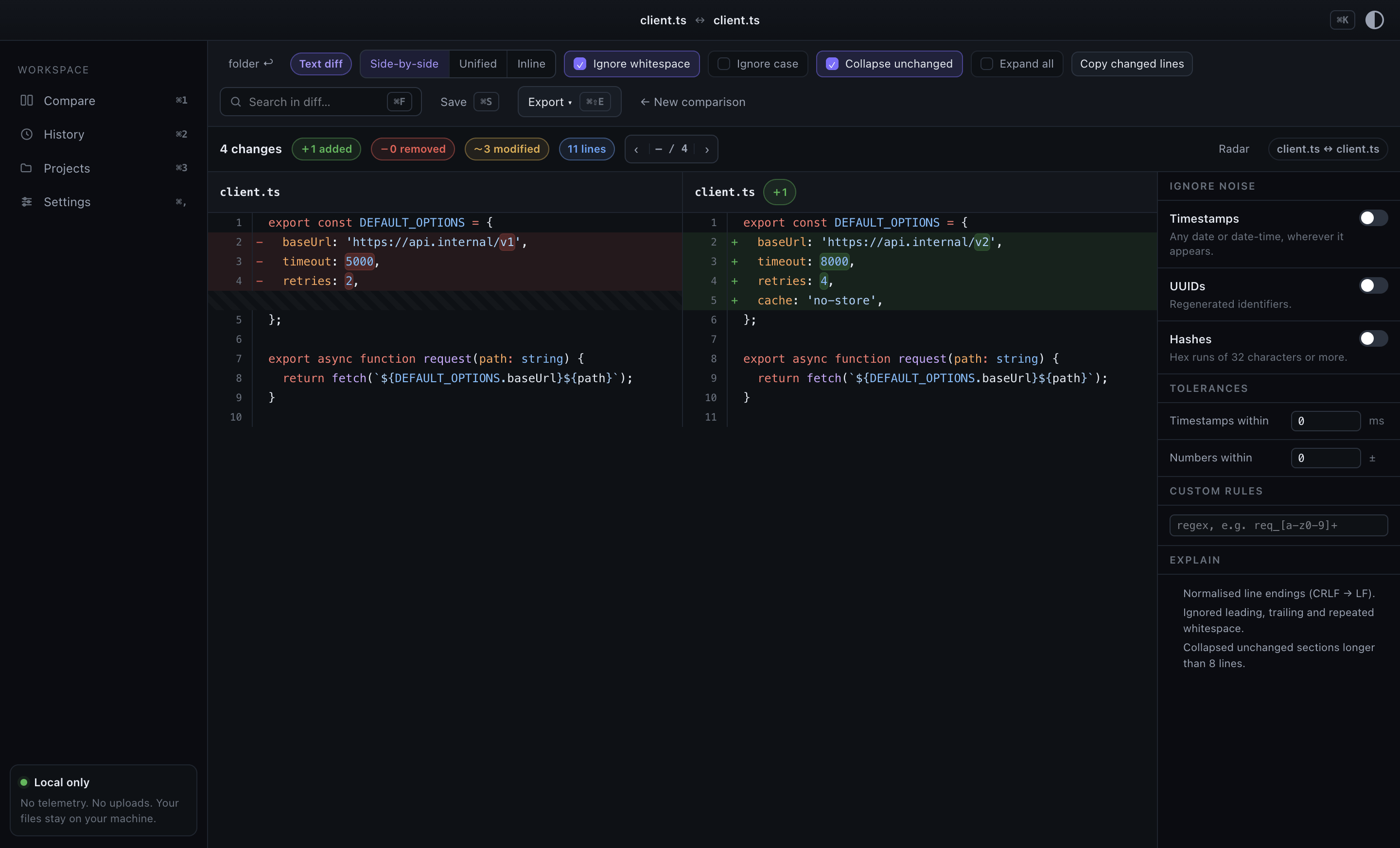 A file pair opened from a folder comparison, with the breadcrumb back to the parent tree in the toolbar