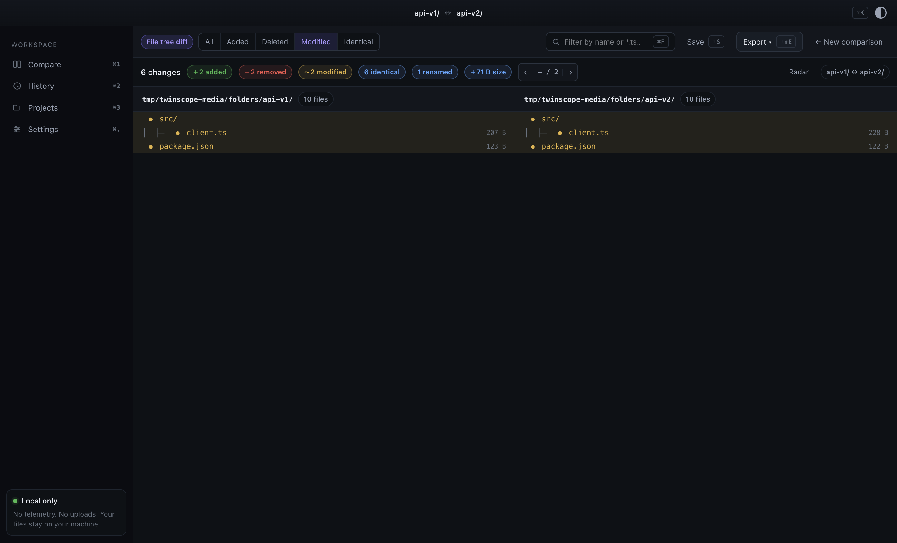 The folder toolbar with the Modified status filter active and a glob typed into the name box
