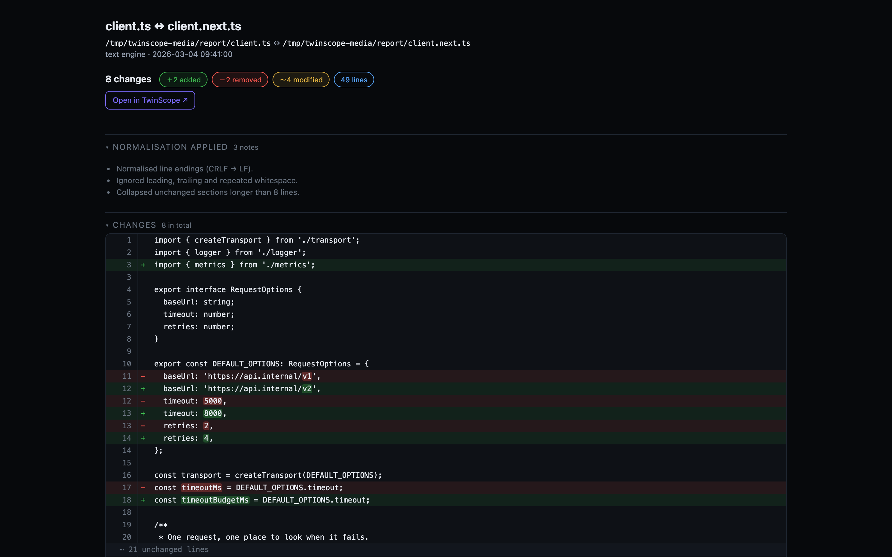 An exported HTML report showing the file names, the summary chips, the normalisation notes and the diff body