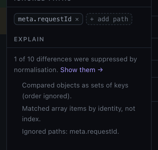 The Explain block counting four suppressed differences with a Show them button and a list of the rules applied