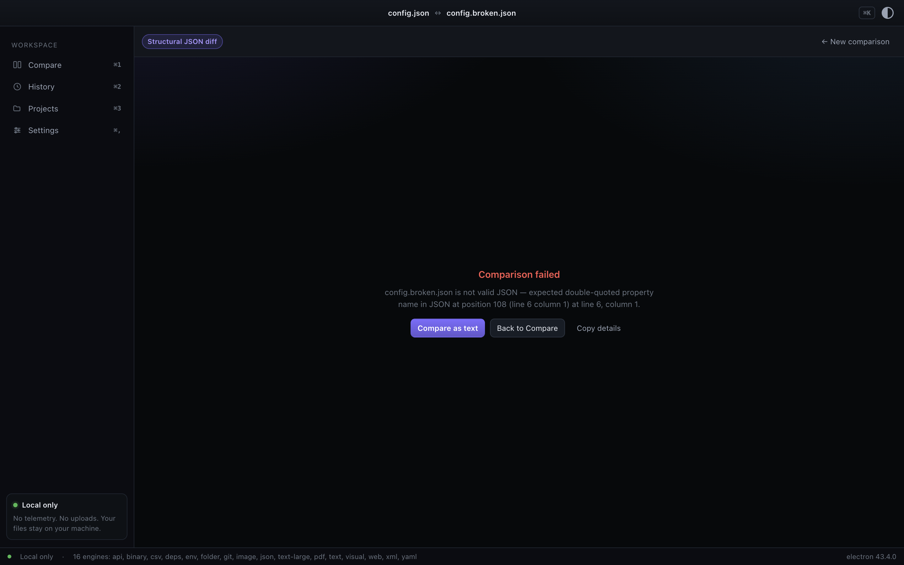 A parse failure naming the file, line and column, with a Compare as text button beneath it