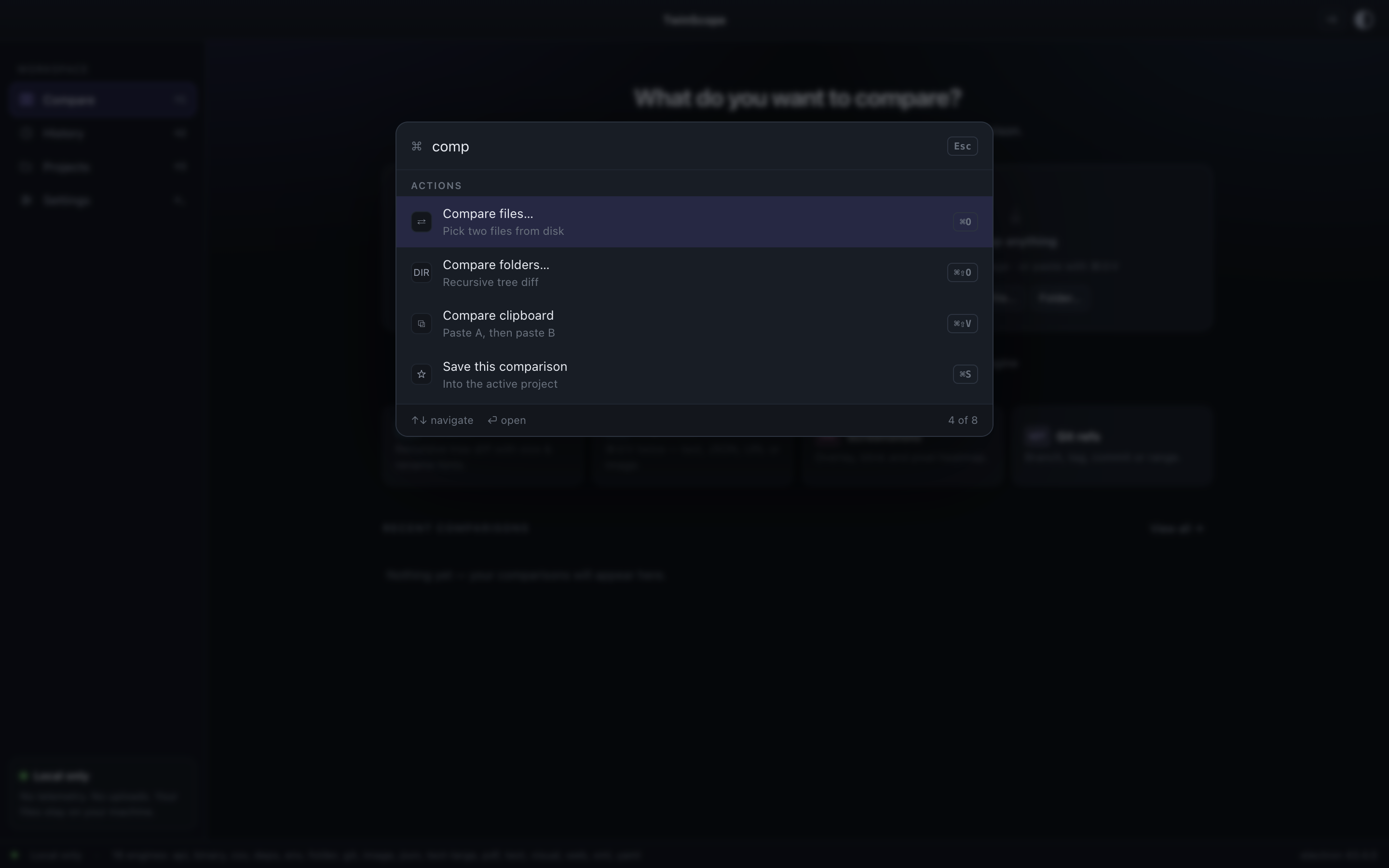 The command palette with a query typed and the action list narrowed to matching commands