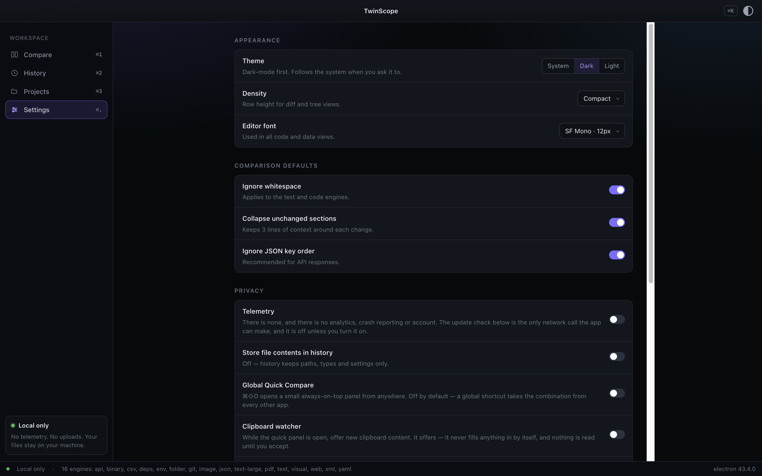 The Settings screen with the privacy group showing telemetry and content storage fixed off
