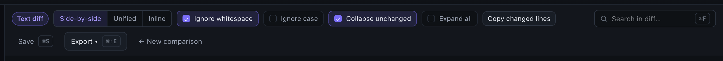 The text toolbar with ignore whitespace, ignore case and collapse unchanged all enabled